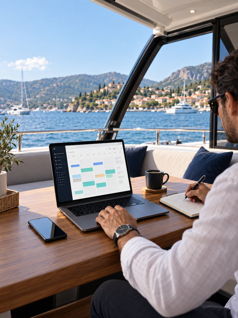 Professional working on a laptop aboard a yacht managing charter bookings during the summer season