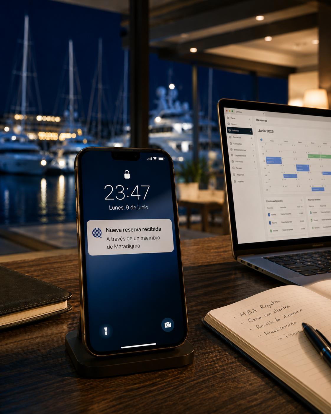 Teléfono móvil con una notificación de nueva reserva recibida a través de un miembro de Maradigma, junto a un portátil con un calendario de reservas y vistas a un puerto deportivo de noche.