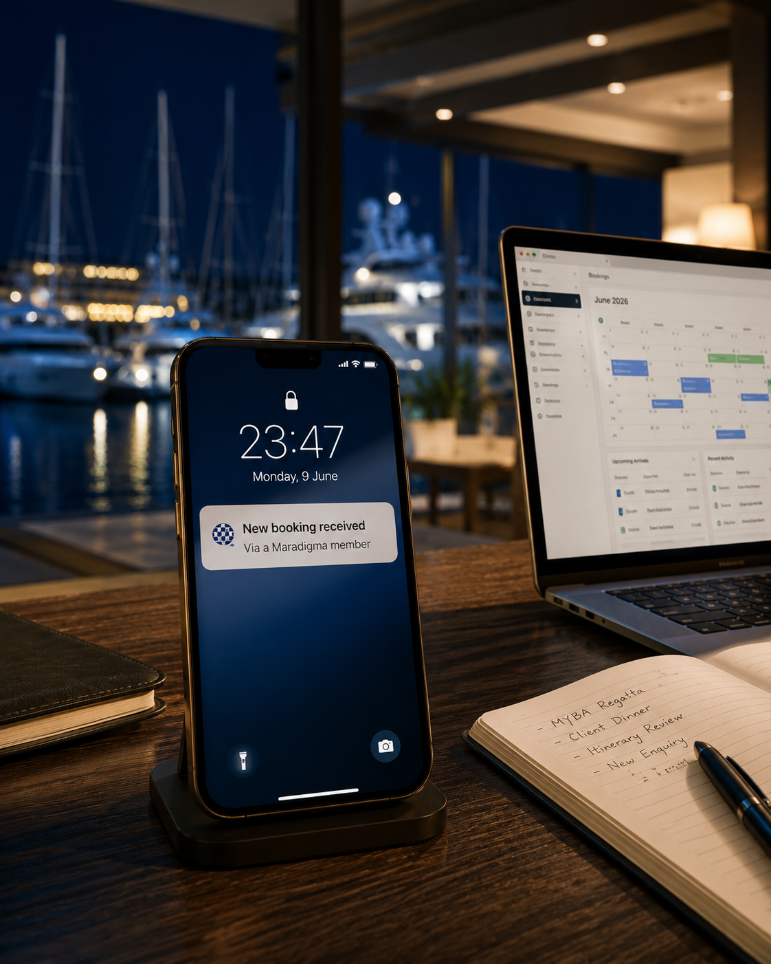 Mobile phone showing a new booking received through a Maradigma member, next to a laptop with a booking calendar and a nighttime marina view.
