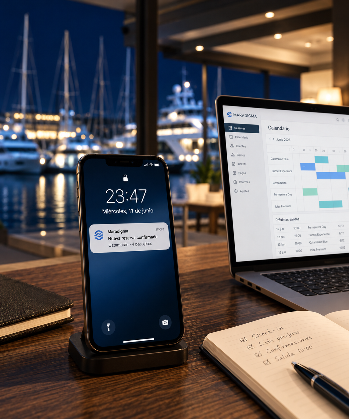 Mobile phone showing a new booking received through a Maradigma member, next to a laptop with a booking calendar and a nighttime marina view.