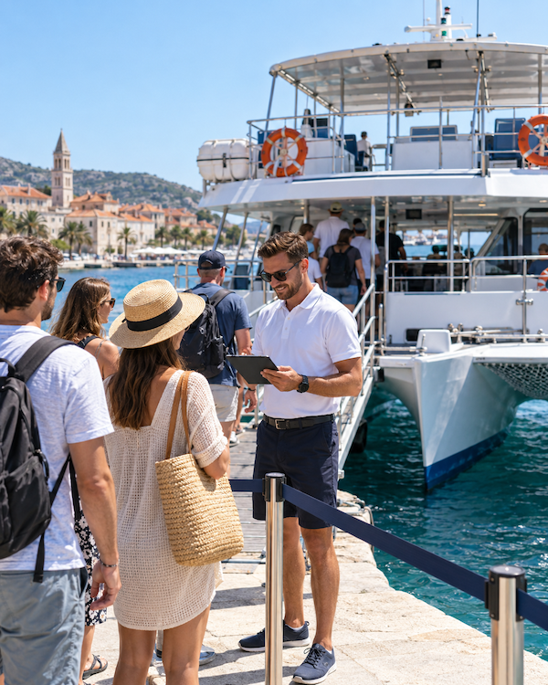Check-in de pasajeros para una excursión en catamarán