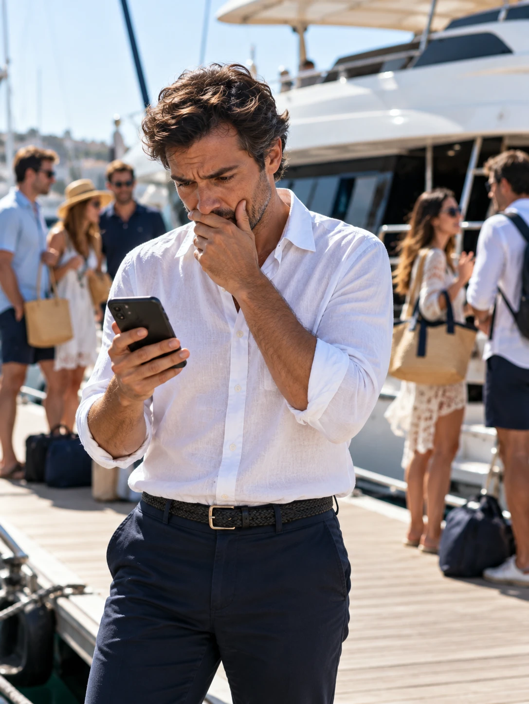 Responsable de chárter en el muelle mirando el móvil con preocupación mientras dos grupos de clientes esperan junto al mismo barco