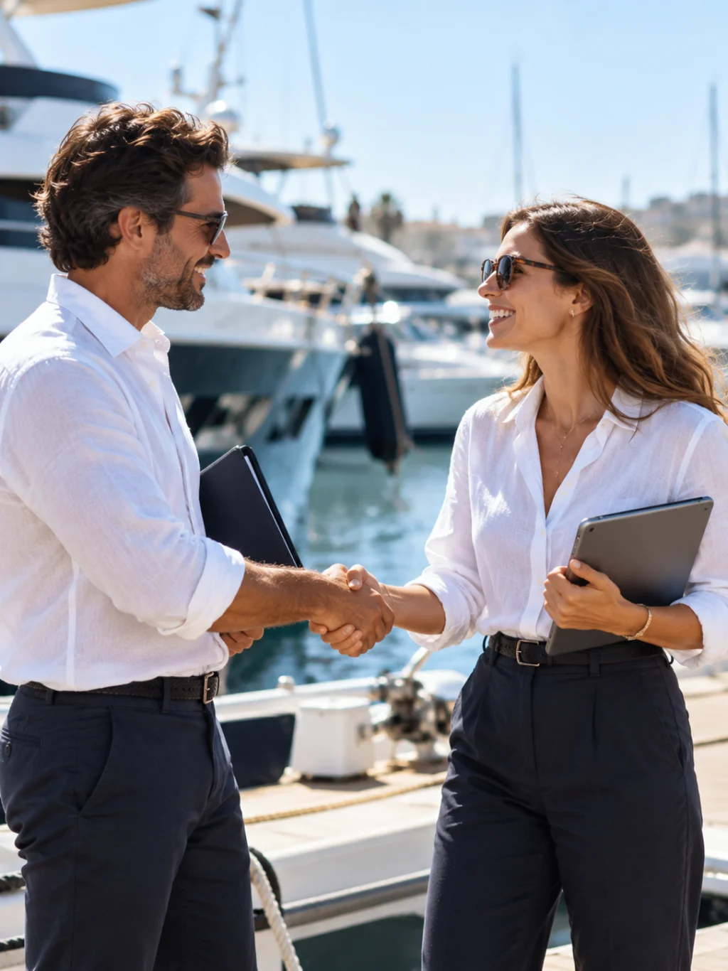 Un hombre y una mujer del sector náutico se dan la mano con una sonrisa en el puerto deportivo de Ibiza tras cerrar un acuerdo